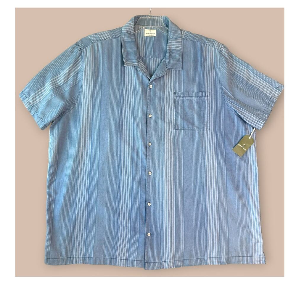 Mutual Weave New Men 4XLT Short Sleeve Button Up Polo Shirt Stripe Blue Chambray